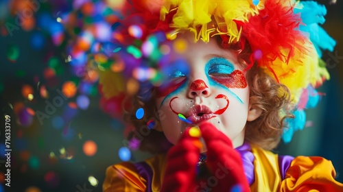 child in costume blowing confetti photo