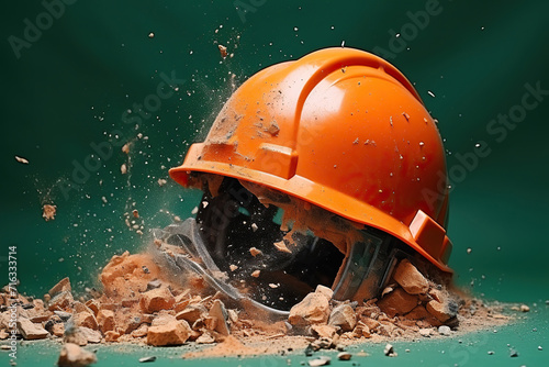 A whole orange helmet in broken bricks on a green background. Industrial safety concept. Generated by artificial intelligence