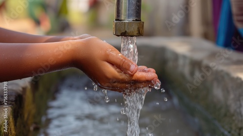 Child\'s hands washing themselves off from the water tap, children\'s right to access clean water. Save water. World Water Monitoring Day.