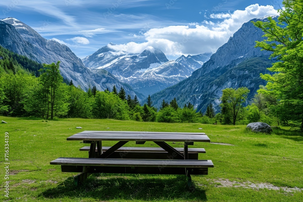 Picnic table in a bright clearing in the mountains.