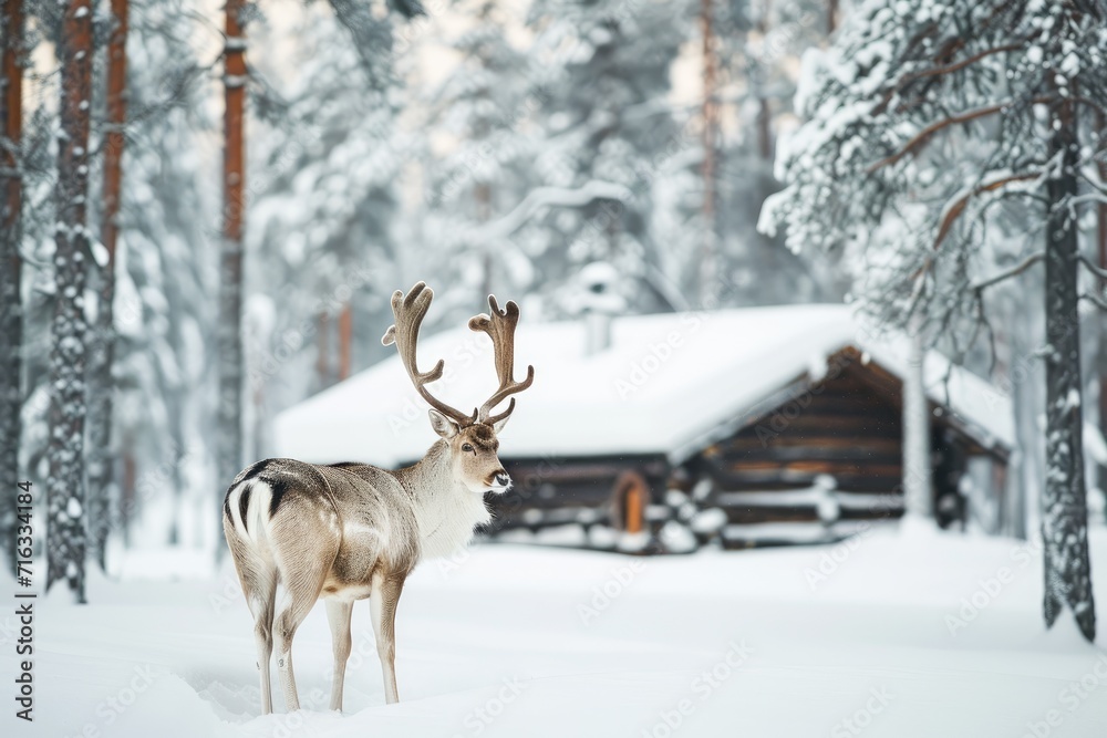 Deer in winter forest against the background of a snow-covered forest hut. Deer in winter forest against the background of a snow-covered forest hut.