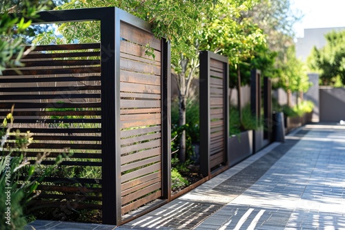 Modern metal fence for fencing the yard area and gardens photo