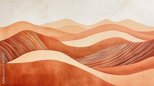 modern abstract painting with a touch of minimalist boho style for a landscape. Utilize strong geometric lines and a warm color palette, including shades of orange, beige, and terracotta