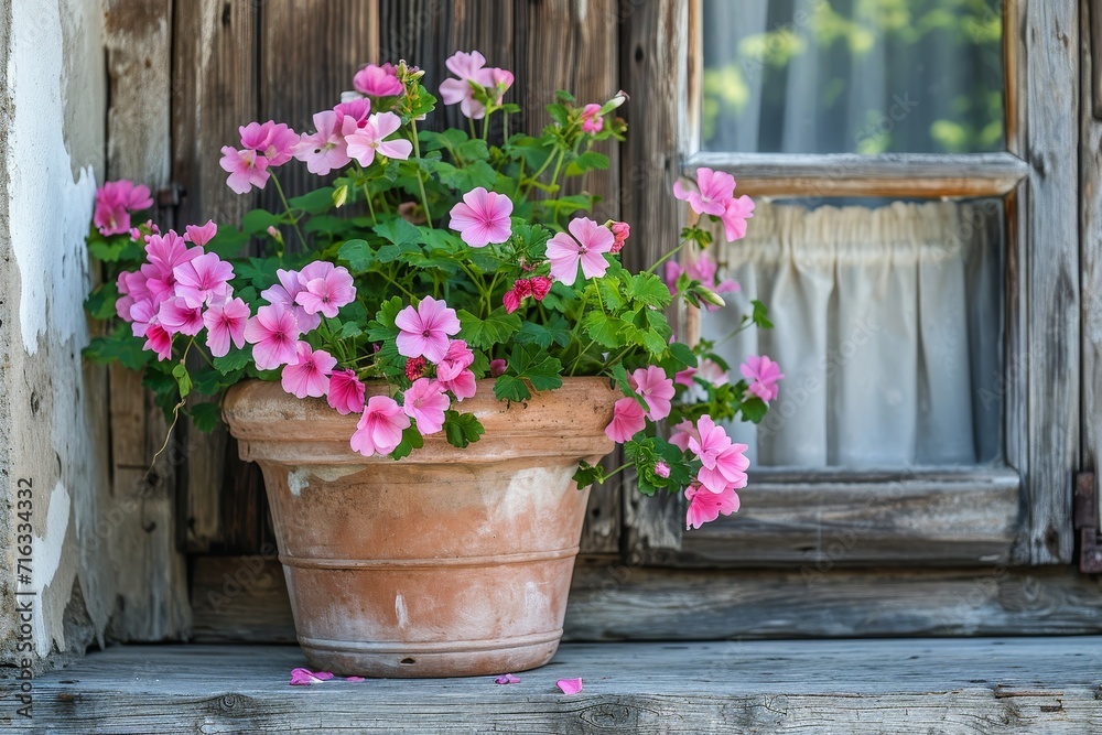 Geranium flowers in planter on a patio of an old house with rustic decor. Geranium flowers in planter on a patio of an old house with rustic decor.