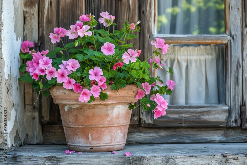 Geranium flowers in planter on a patio of an old house with rustic decor.