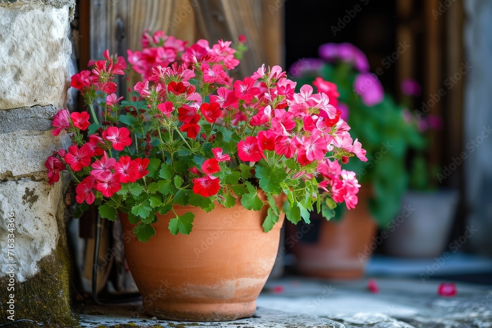 Geranium flowers in planter on a patio of an old house with rustic decor.