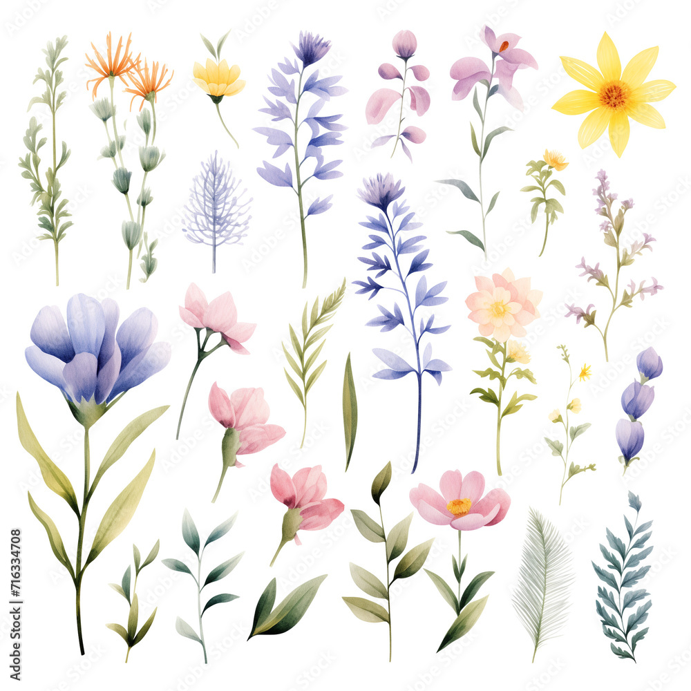 Fototapeta premium clipart bundle watercolor summer flora ,flower on summer theme, on transparent background