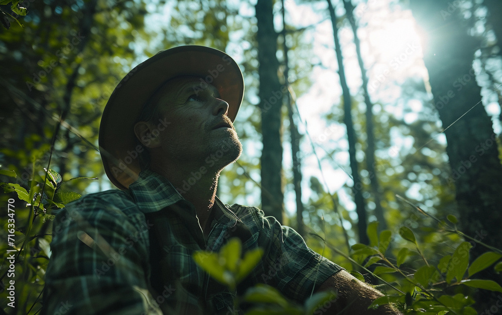 Naklejka premium Man Wearing Hat in Woods, Tranquil, Nature-Filled Portrait of a Hat-Clad Gentleman Standing Amongst Trees