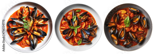 Plates with mussels in tomato sauce and fries, top view