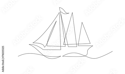 Single continuous line art sea boat icon. Yacht travel tourism concept silhouette symbol design. One sketch outline drawing vector illustration template