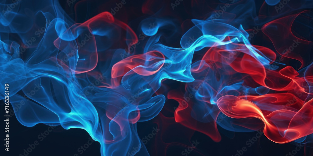 Fototapeta premium Vibrant abstract digital artwork of intertwining blue and red smoke on a black background.