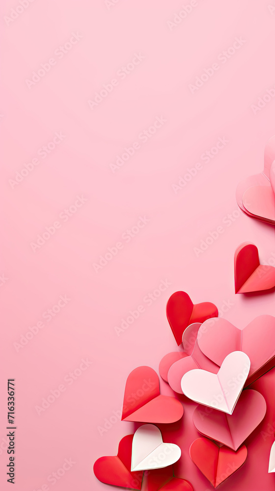  red origami paper hearts on pink color,
