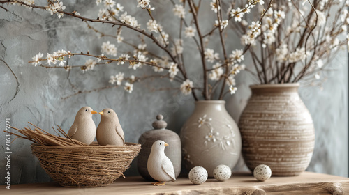 Spring easter decorations with flowers, eggs. ai