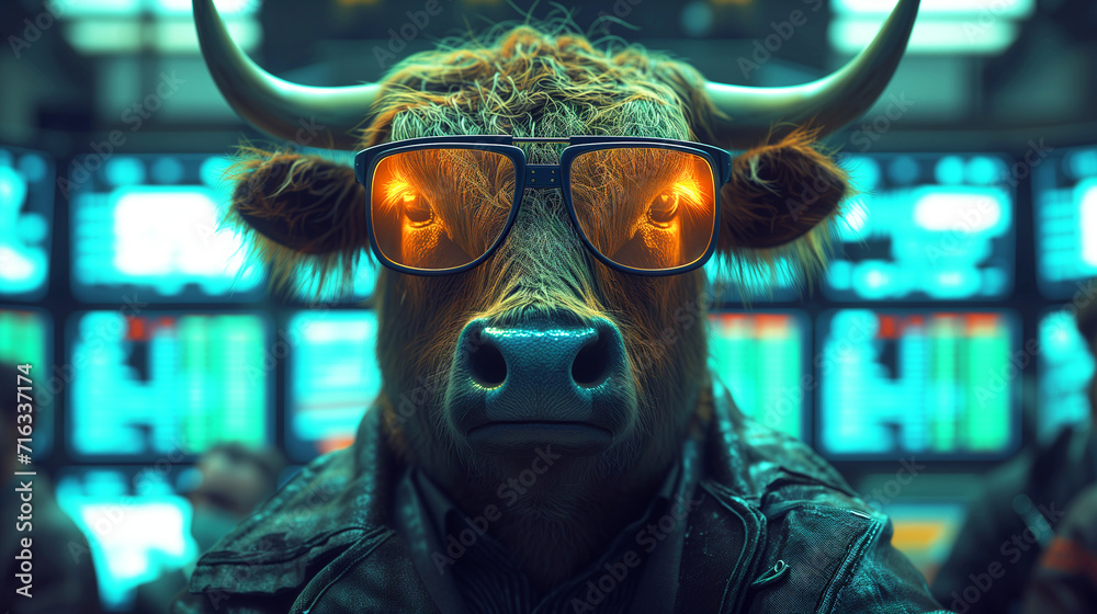 Obraz premium bull wearing sunglasses and a leather jacket, standing in front of a stock market data display