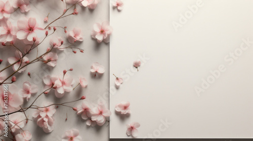 Sakura cherry blossoms elegantly draped over a blank white card on a marble background.