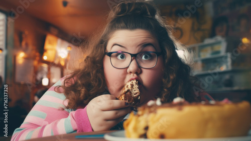 Girl with glasses eagerly eating cake  enjoying a deliciously indulgent moment.