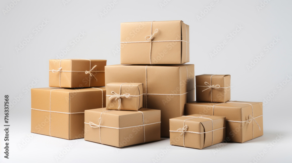 Multiple stacked brown parcel boxes with twine on a white background, symbolizing shipping and logistics. Multiple stacked brown parcel boxes with twine on a white background, symbolizing shipping and logistics.