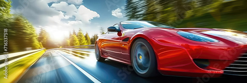 Red  car on high speed in turn. Super car rushing along a high-speed highway with motion speed in sunny day © Planetz