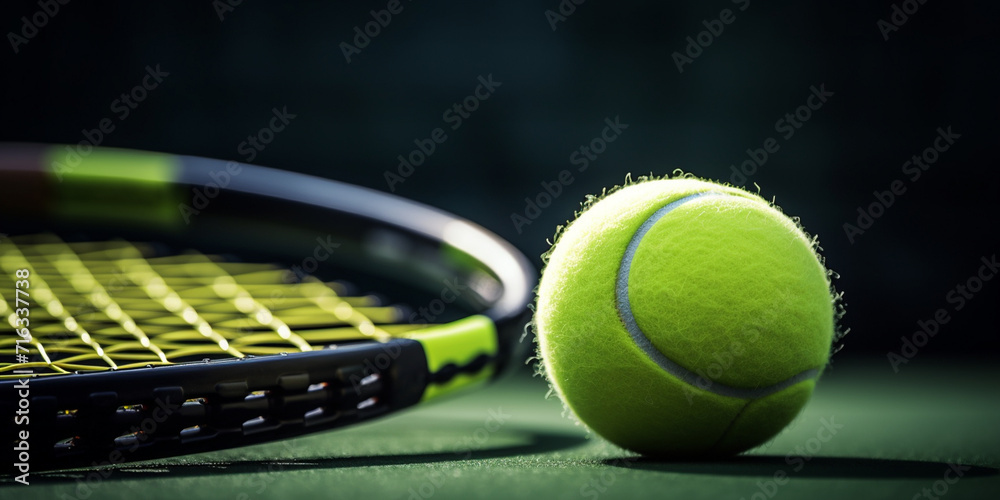 A tennis racket and a tennis ball, Tennis essentials on a newly painted court racket, ball