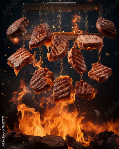 delicious pieces of meat, floating in the air created with Generative Ai