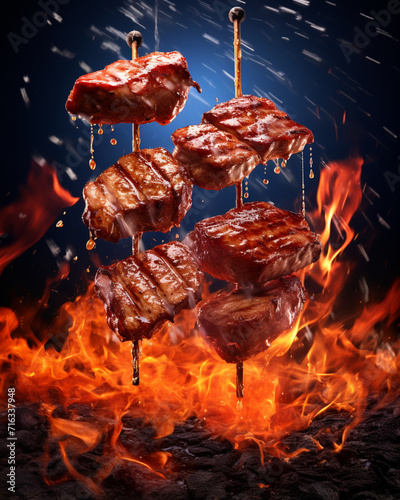 delicious pieces of meat, floating in the air created with Generative Ai