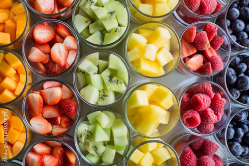 Assorted fresh fruits in cups, top view. Healthy eating concept.