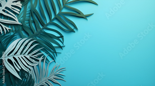 Tropical leaves with soft blue background and copy space in paper cut style.