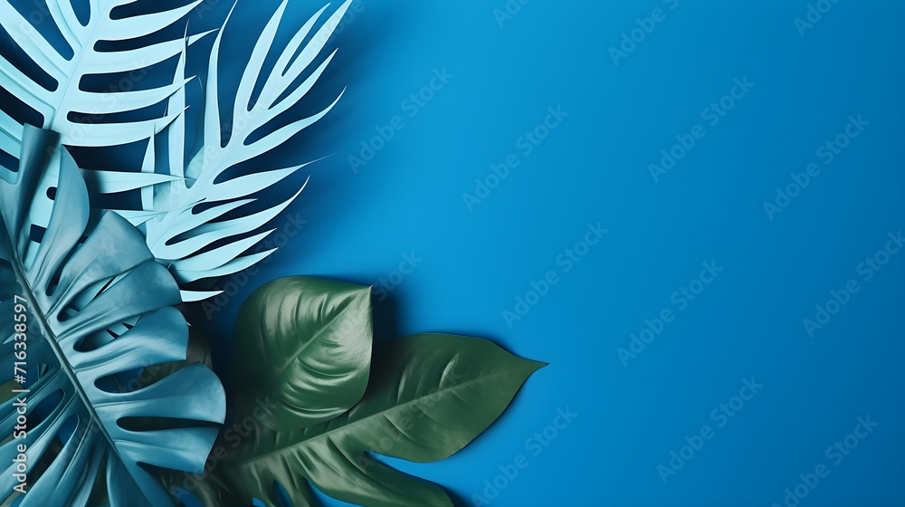 Tropical leaves with soft blue background and copy space in paper cut style. Tropical leaves with soft blue background and copy space in paper cut style.