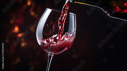 Wine bottle pouring a rich red vintage into a stemmed glass, with a dynamic splash.