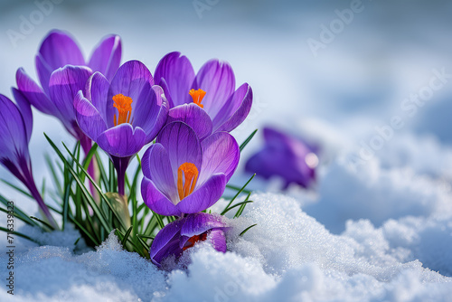 Emergence of Spring: Vibrant Crocuses Blooming Through Snow