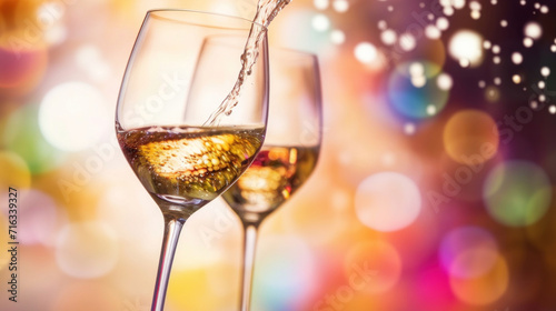 Crisp white wine being poured into a glass, with a colorful bokeh light background.
