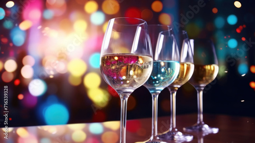 Three glasses of sparkling white wine against a vibrant bokeh light background, festive celebration.