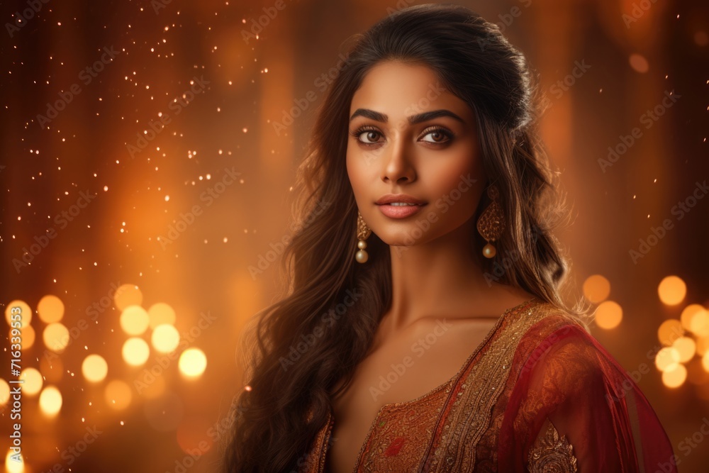Portrait of a beautiful Indian woman wearing traditional costumes against a festival background Portrait of a beautiful Indian woman wearing traditional costumes against a festival background