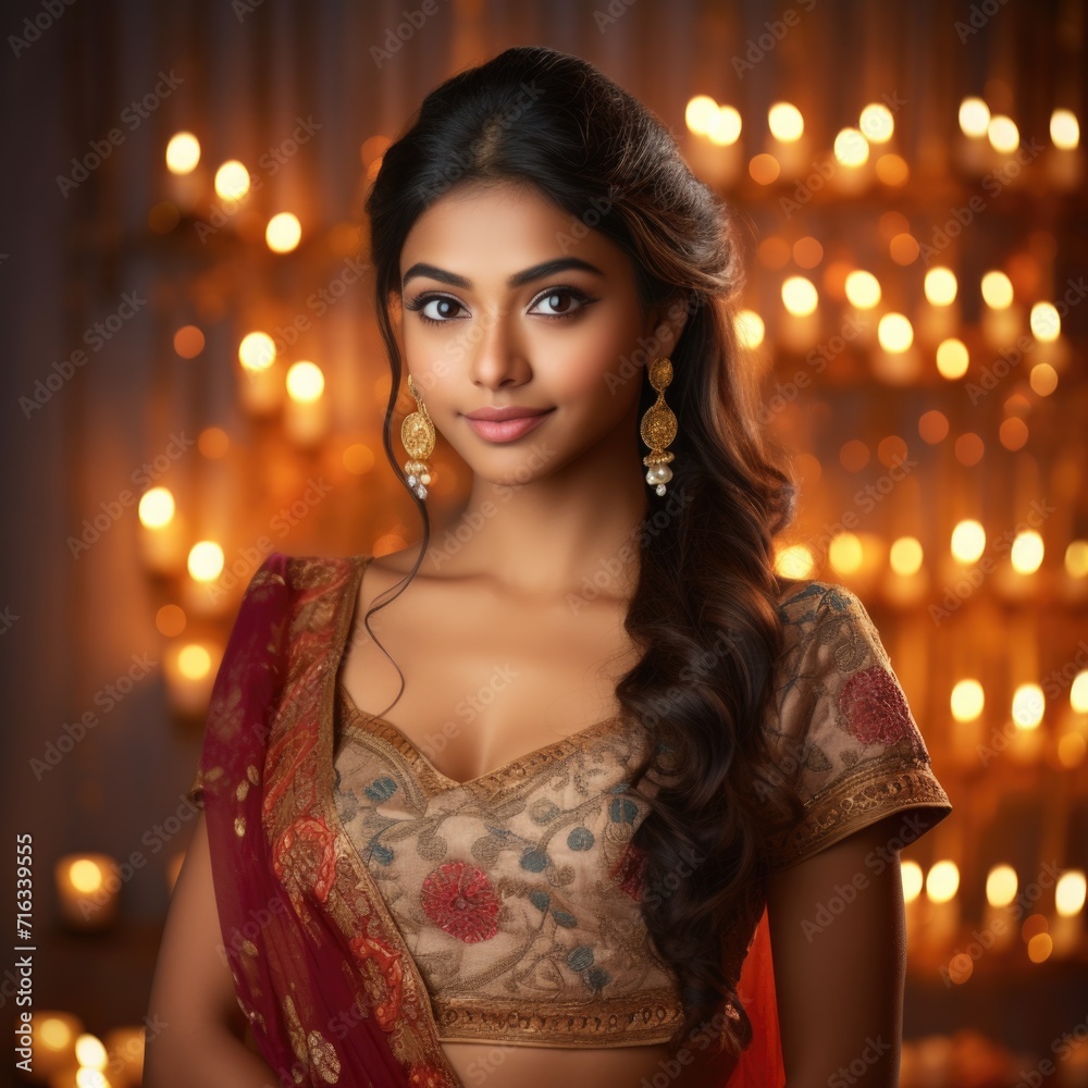 Portrait of a beautiful Indian woman wearing traditional costumes against a festival background Portrait of a beautiful Indian woman wearing traditional costumes against a festival background