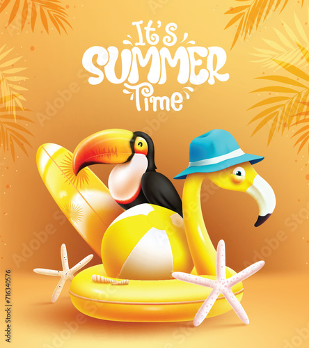 Summer time text vector design. It's summer time greeting with flamingo, toucan, surfboard and beachball beach elements in yellow background. Vector illustration summer season tropical design.
