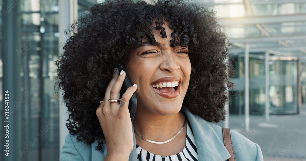 Happy black woman, phone call and business conversation in city for proposal or outdoor communication. Face of African female person, afro and smile talking on mobile smartphone in discussion outside Happy black woman, phone call and business conversation in city for proposal or outdoor communication. Face of African female person, afro and smile talking on mobile smartphone in discussion outside