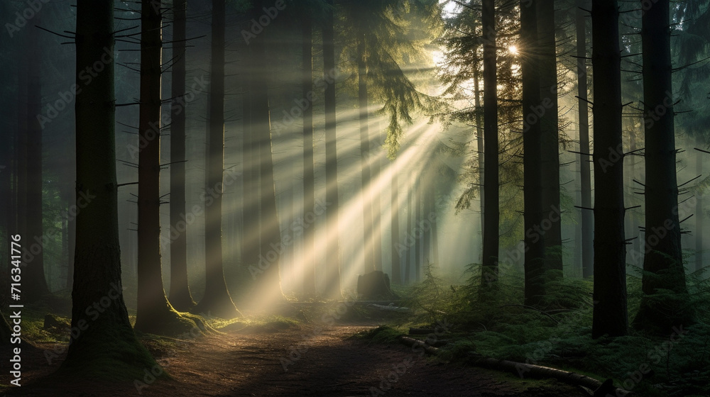 Fototapeta premium 神秘的で静かな深い森の中に木々の間から太陽の光が差し込む「AI生成画像」