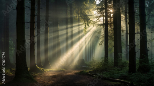 神秘的で静かな深い森の中に木々の間から太陽の光が差し込む「AI生成画像」 © kai