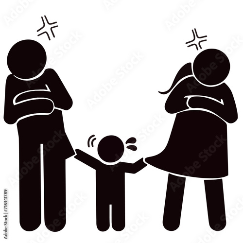 Portrait sad kid boy mediate between his parents fighting illustration