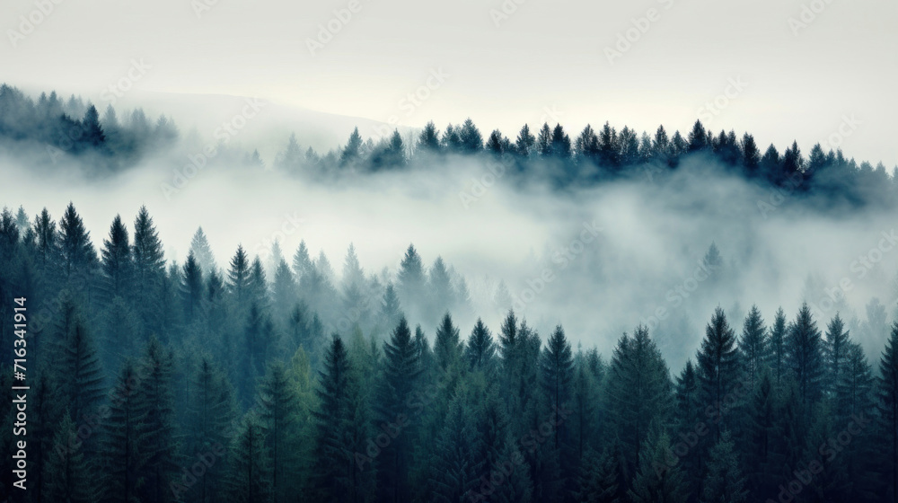 A serene monochrome landscape of a dense forest enveloped in mist, conveying a mystical ambiance.