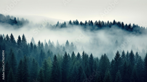 A serene monochrome landscape of a dense forest enveloped in mist, conveying a mystical ambiance. © tashechka