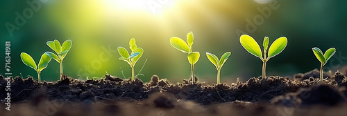 several young plants growing out of dirt background, The seedling are growing from the rich soil to the morning sunlight that is shining, ecology concept photo
