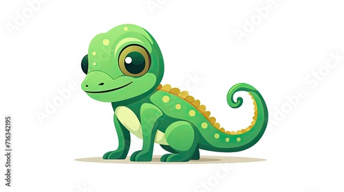 lovable image of a cute small green chameleon lizard in a flat cartoon animal design  isolated on a white background.