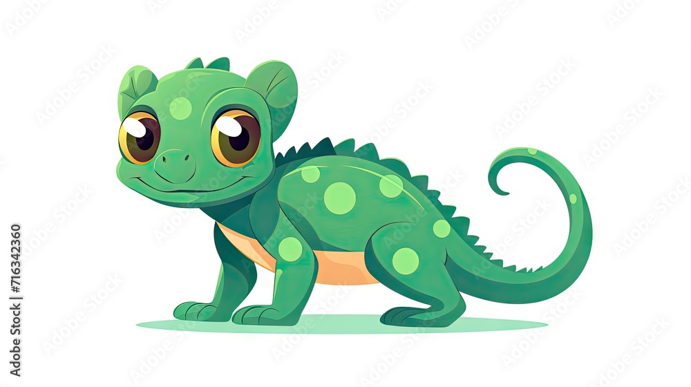 Obraz premium lovable image of a cute small green chameleon lizard in a flat cartoon animal design, isolated on a white background.
