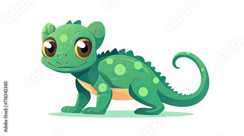 lovable image of a cute small green chameleon lizard in a flat cartoon animal design  isolated on a white background.