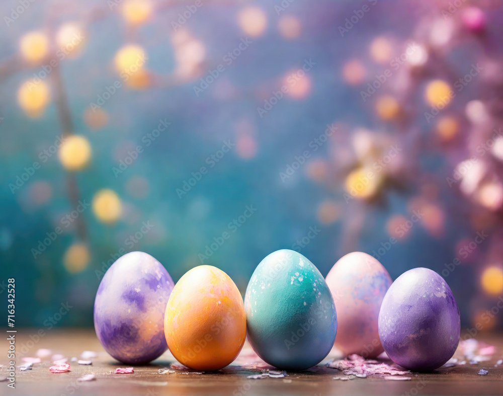 Colorful pastel easter eggs on festive bokeh background