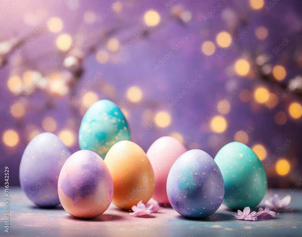 Colorful pastel easter eggs on festive bokeh background Colorful pastel easter eggs on festive bokeh background