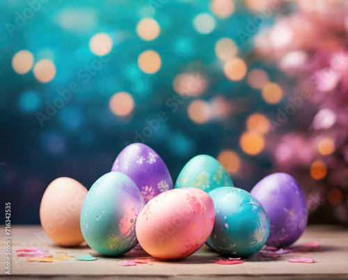 Colorful pastel easter eggs on festive bokeh background