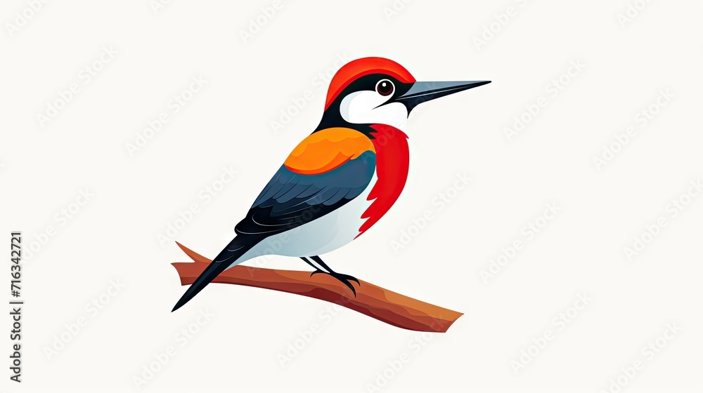 Fototapeta premium delightful image of a woodpecker bird in a flat cartoon character design, featuring a colorful bird icon and a cute woodpecker template, isolated on a white background.