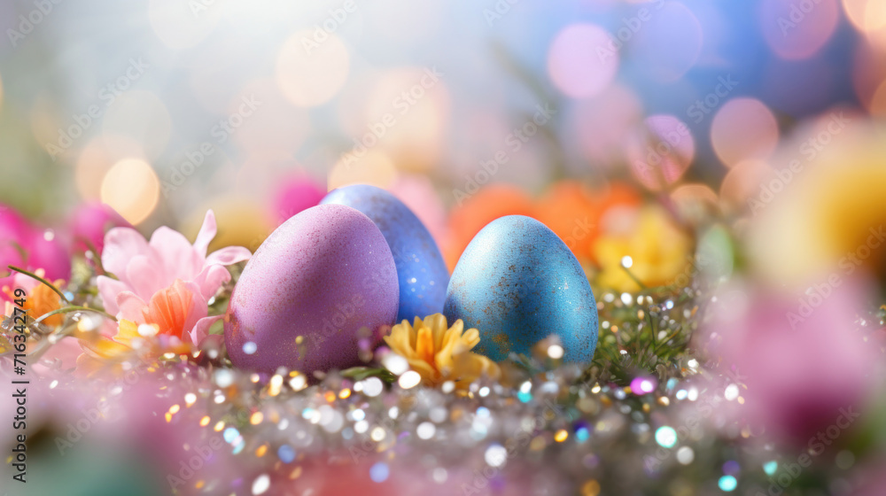 Vibrant Easter eggs nestled among flowers with a glittering bokeh background, festive and joyful.